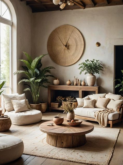 Modern Mediterranean Living Room, Peaceful Interior, Mediterranean Living Room, Earthy Living Room, Living Room Decor Neutral, Mediterranean Living, Modern Mediterranean, Rustic Wood Furniture, Creative Storage Solutions