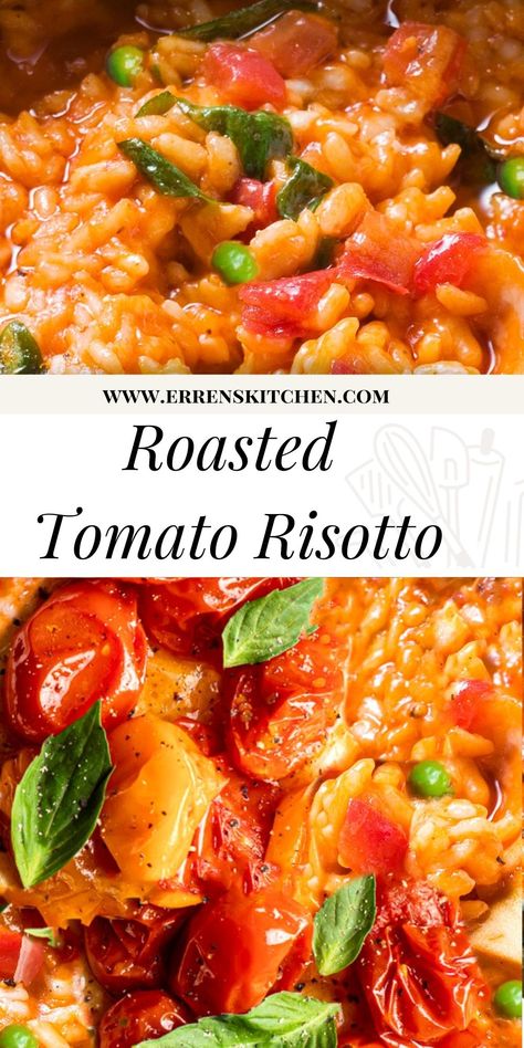 Use up your summer tomatoes with this recipe for Roasted Tomato Risotto. The perfect weeknight dish for the whole family. Tomato Rice Side Dish, Essen, Tomato Risotto With Burrata, Roasted Vegetable Risotto, Cherry Tomato Risotto, Roasted Tomatoes Recipe Dinners, Recipes Using Roasted Tomatoes, Creamy Tomato Risotto, Rissoto Recipes Vegetable