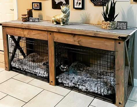 Dog Kennel Furniture For 3 Dogs, Diy Dog Crate End Table Plans, Pallet Dog Cage Diy, Dog Crate Coffee Bar, Hidden Kennel Ideas, Dog Crate In Dining Room, Where To Put Dog Kennel In House, Dog Crate Buffet Table, Double Dog Crate Ideas