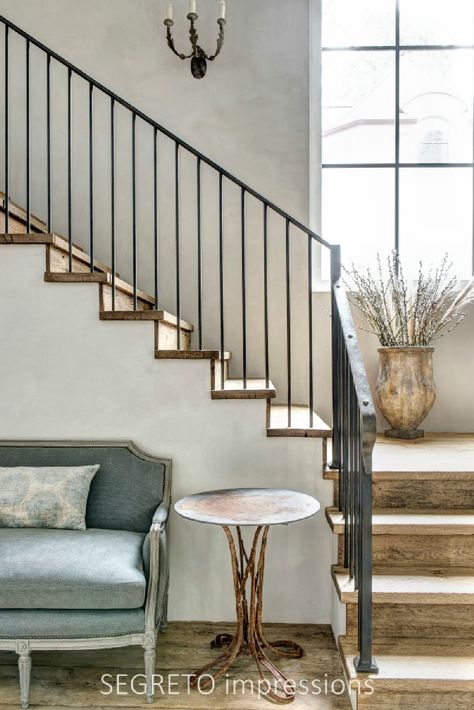 From SEGRETO impressions (2019) by Leslie Sinclair. Plastered walls and ceilings as well as reclaimed wood flooring sing in a newly constructed, timeless European country inspired home. #interiordesign #plasterwalls #oldworld #staircase Small Room Paint, Plastered Walls, Farmhouse Style Bedroom Decor, Reclaimed Wood Flooring, Reclaimed Wood Floors, Farmhouse Style Bedrooms, Spanish Style Home, Best Paint Colors, Hello Lovely