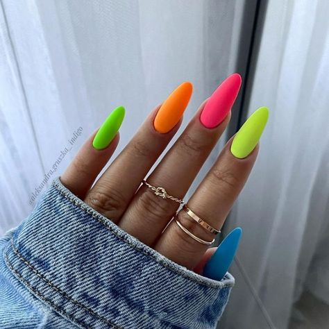 Med Almond Nails Designs, Bright Nail Colours, Full Colour Nails, Bright Coloured Nails, Colourful French Nails, Summer Nail Ideas Bright, Neon Chrome Nails, Nails June, Bright Summer Nails Designs