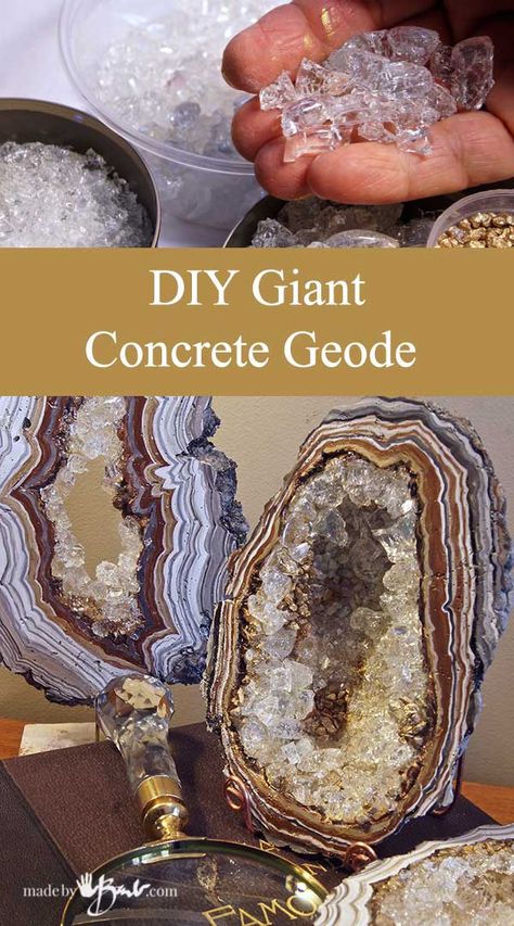 Didn't everyone collect stones when they were a kid?! Those shiny ones seemed so precious. Well, now that you have grown up you can challenge 'Mother Nature' by making your own with this DIY Giant Concrete Geode tutorial. No wimpy stuff here, Crystal Ideas, Growing Crystals, Concrete Diy Projects, Geode Art, Concrete Crafts, Cement Crafts, Concrete Art, Diy Crystals, Concrete Diy