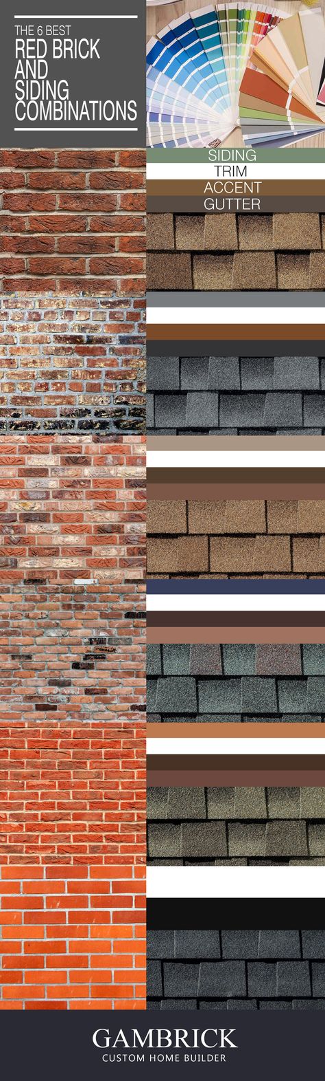 The 6 best red brick and siding color combinations for 2019. For more tips, pics, custom home building / interior design info check out our blog at www.gambrick.com Red Brick Home With Siding, Red Brick House With Cedar Shakes, Best Shingle Colors For Red Brick, House With Siding And Brick, Orange Brick And Siding Exterior, Roof Color For Red Brick House, Brick Siding Combinations, Brick And Siding Combinations, Red Brick Colonial House Exterior