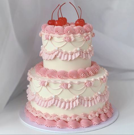 Birthday, Multi-tier, Buttercream, Piping, Vintage Style, Pearls, Cherries, Pink, White - cake by @aprilsbakerlondon, instagram Pink Girly Cake, White And Pink Cake, Cute Pink Cake, Retro Cakes, Pink And White Cake, Lemon Birthday Cakes, Bolo Vintage, Tiered Cakes Birthday, Vintage Birthday Cakes