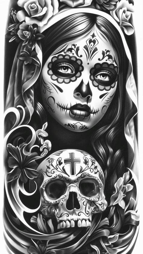 Tattoo Mexican Culture, Santisima Muerte Tattoo, Day Of The Dead Drawings, Dia De Los Muertos Tattoo Ideas, Hard Tattoos Men, Sugar Skull Tattoo Design, Day Of The Dead Tattoo Designs, Virgin Mary Tattoo Design, Mary Tattoo Design