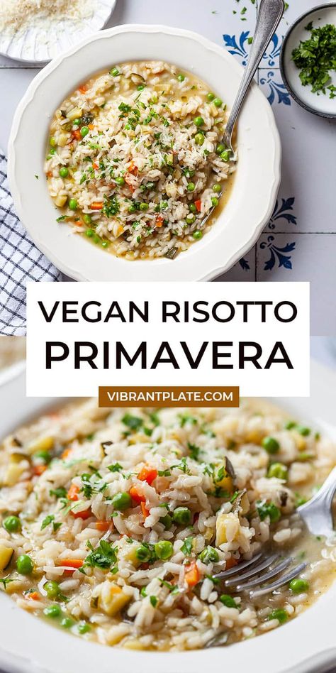 This Vegan Risotto Primavera recipe is packed full of healthy seasonal spring vegetables. A light and tasty vegan and gluten-free dinner. Vegan Risotto Recipes, Risotto Primavera, Primavera Recipe, Vegan Risotto, Vegetable Risotto, Italian Meals, Food Matters, Baked Vegetables, Vegan Parmesan