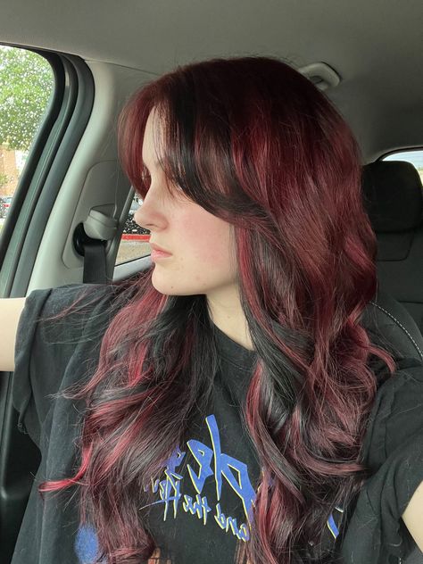 Dark Red Hair Black Highlights, Black W Red Highlights, Burgundy Peak A Boo Highlights, Black Lowlights In Red Hair, Red With Light Red Highlights, Red Hair With Black Front Pieces, Dark Red Hair With Black Tips, Black Streaks In Hair, Red Snd Black Hair Ideas