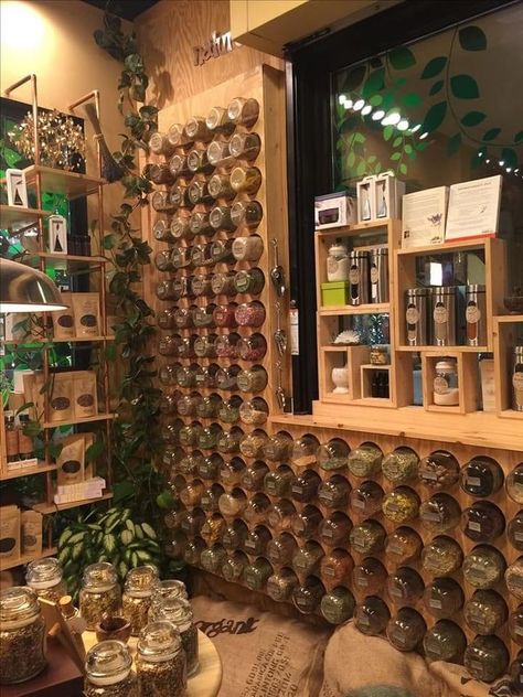 Medicinal Herb Storage, Practical Magic Herb Room, Cute Apothecary, Herbal Apothecary Aesthetic Room, Dnd Herbalist Shop, Herbalist Aesthetic Room, Mobile Herbal Store, Herb Collection Aesthetic, Hanging Merchandise Display Ideas