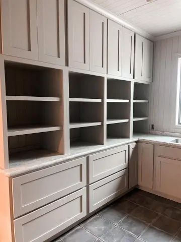 Rev A Shelf Pantry, Building Pantry Shelving, Butter Pantry Ideas, Pantry U Shape, Tiny Butlers Pantry Ideas, Square Walk In Pantry, Pantry L Shape, L Shape Butlers Pantry, Pantry Colors Walk In