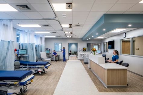 Northwest Health - La Porte Replacement Hospital - Healthcare Snapshots Hospital Nurse Station, Hospital Design Architecture, Healthcare Interior Design, Hospital Architecture, Nurses Station, New Hospital, Hospital Nurse, Hospital Interior, Hospital Interior Design