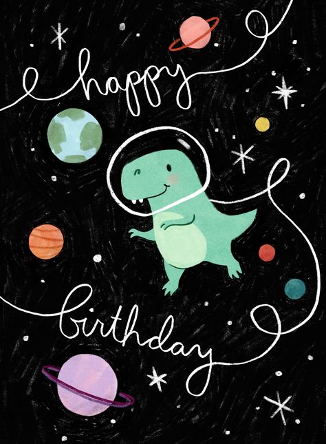 Cute dinosaur in outer space art, t-rex birthday card for kids, dinosaur illustration, friendly dinosaur art, dinosaur greeting card Dinosaur In Space, Space Birthday Card, Birthday Card Art, T-rex Art, Birthday Card For Kids, Cute Birthday Wishes, Happy Birthday Illustration, Outer Space Art, Happy Birthday Art