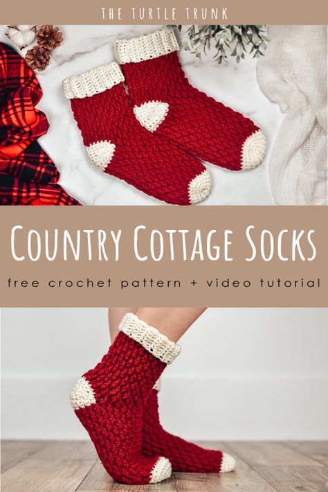 Country Cottage Socks • Free Crochet Pattern • The Turtle Trunk Crochet Sock Pattern, Crochet Country, Socks Crochet Pattern, Cottage Socks, Easy Crochet Socks, Diy Crochet Slippers, Crochet Sock, Socks Crochet, Easy Crochet Slippers