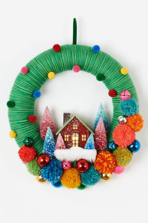 Colorful Pom Pom Wreath, Felt/Yarn/PVC, 16" Christmas Wreath Diy, Christmas Pom Pom, Pom Wreath, Felt Yarn, Pom Pom Wreath, Diy Christmas Wreaths, Pom Pom Crafts, Christmas Wreaths For Front Door, Wreath Diy