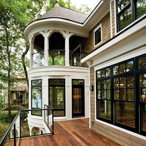 Beautiful deck. Judging by the architecture, this looks like somewhere in the Northeast...like Connecticut, New Hampshire or Rhode Island. I shudder to think of the ridiculous taxes one would have to pay for a place like this in those states. Balcony Architecture, Second Floor Balcony, Best Modern House Design, Craftsman Style House, Casas Coloniales, Architecture Ideas, Craftsman Style House Plans, Craftsman House Plans, Wooden Stools