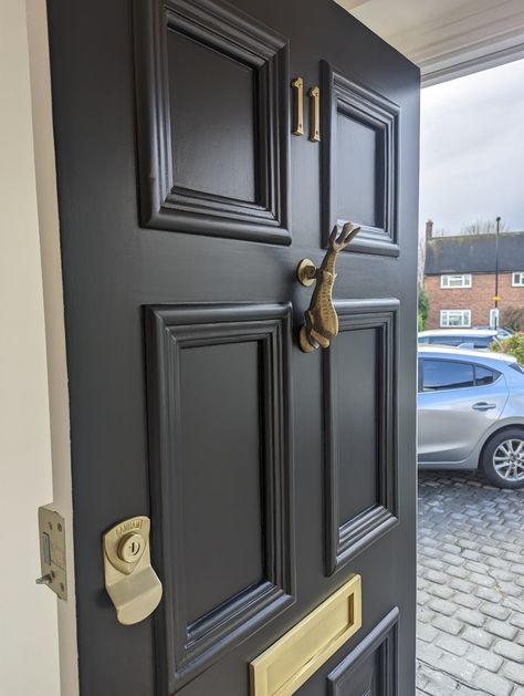 How to Paint Your Front Door Farrow And Ball Off Black Front Door, Espresso Front Door, Black Gloss Front Door, How To Paint Doors Black, Dark Grey Front Door Exterior, Best Black For Front Door, High Gloss Black Front Door, Victorian Front Door Ideas, Best Black Paint Color For Front Door