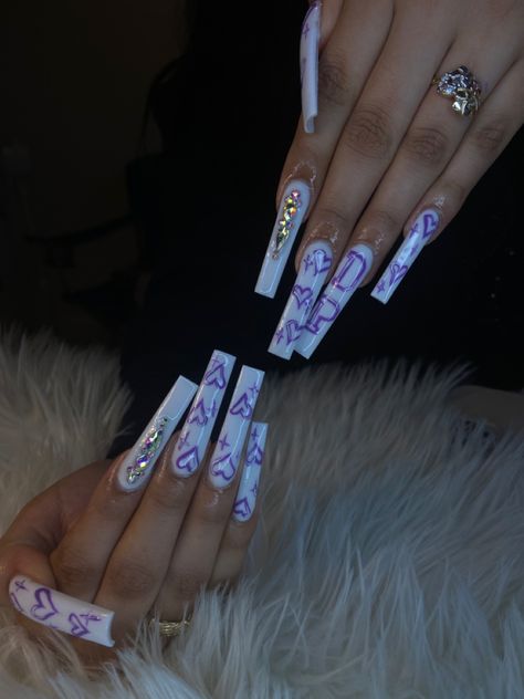 White Nails With Cross, Purple Heart Nails, Christian Nail Art, Nails With Cross, Poppin Nails, Cross Nails, Fab Nails, Poly Gel, Long Acrylic Nail Designs