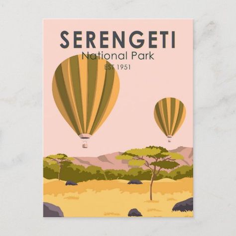 Serengeti National Park Tanzania Hot Air Balloon National Parks Postcard - vintage travel, cool beautiful wildlife landscape, matching family tourist trip, serengeti national park, serengeti souvenir, hot air balloon, safari, tanzania, africa vacation, maasai mara national reserve Safari Vector, Background For Poster, Animal Migration, Africa Vacation, Wildlife Landscape, Beautiful Wildlife, Vintage Postcards Travel, Serengeti National Park, Postcard Art