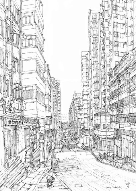 Hong Kong. Western St | Evgeny Bondarenko on Patreon Perspective Building Drawing, Cityscape Drawing, Hong Kong Art, Perspective Drawing Architecture, City Sketch, Perspective Drawing Lessons, Concept Art Tutorial, Building Drawing, Architecture Design Drawing