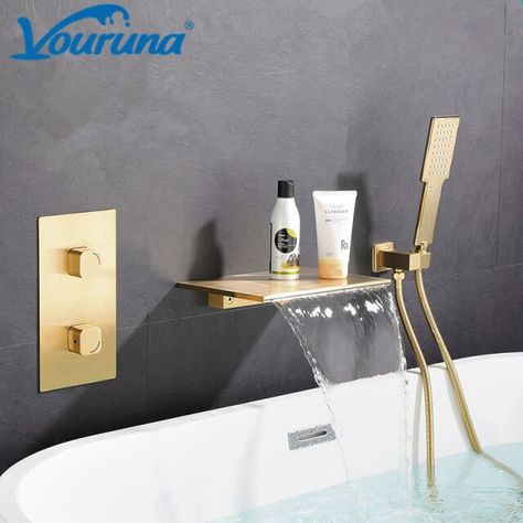 VOURUNA Wall Mounted Waterfall Bathtub Faucet Bath Filler Shower Mixer Tap Spout with Hand Shower Black/Brushed Golden/Chrome _ - AliExpress Mobile Waterfall Tub Faucet, Wall Mounted Bath Taps, Wall Mount Tub Faucet, Bathtub Filler, Metal Tub, Freestanding Tub Filler, Roman Tub Faucets, Waterfall Wall, Waterfall Faucet