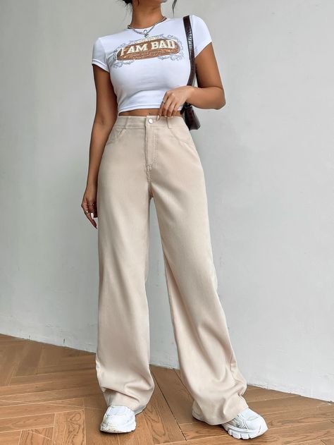 Cropped Shein, Moda Shein, Vestidos Shein, Outfit Shein, High Waist Wide Leg Pants, Beige Pants, Shein Outfits, Women Pants, Wide Leg Trousers