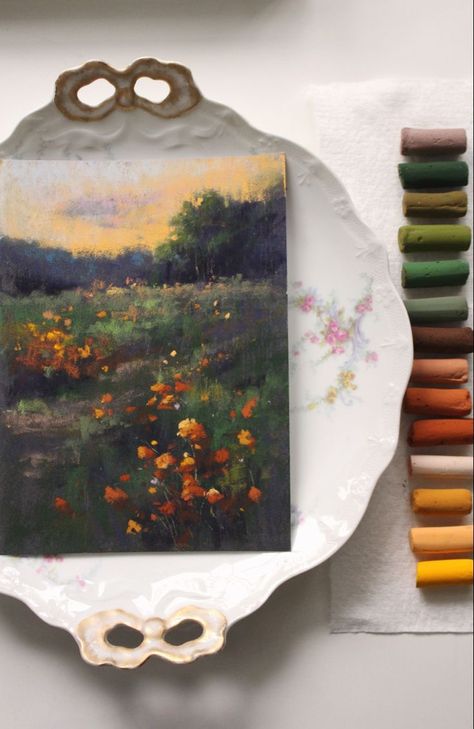 Chalk Pastel Flower Drawing, Dry Pastel Landscape, Pastel Artwork Easy, Soft Pastel Art Landscape, Pastel Art Landscape, Soft Oil Pastel Art, Fall Watercolor Landscape, Dry Pastel Art, Soft Pastel Art Beginners