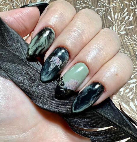 Sage And Black Nails, Witch Nails, Witchy Nails, Pointy Nails, Claw Nails, Witchy Vibes, Dark Floral, Color Combo, Black Nails