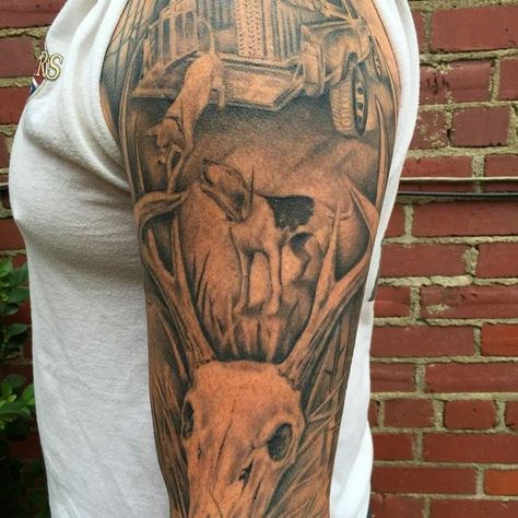 Hunting Tattoo Ideas, Fishing Boat Tattoo, Hunting Man, Deer Skull Art, Fire Fighter Tattoos, Boat Tattoo, Dog Hunting, Hunting Tattoos, Cowgirl Tattoos