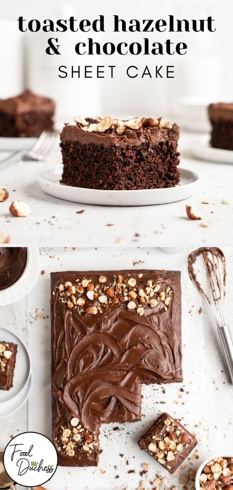 Rich fudgy chocolate cake and the creamy, nutty flavors toasted hazelnuts comes together in the ultimate cake! This sheet cake features finely ground toasted hazelnuts in the cake batter, and is finished with a generous smearing of a creamy Nutella frosting! #cake #sheetcake #chocolate #chocolatecake #chocolatesheetcake #hazelnuts #toastedhazelnuts #nutella #ferrero #hazelnutchocolatecake #easycake #birthdaycake #christmascake Fudgy Chocolate Cake, Cake With Nutella, Coffee Notes, Hazelnut Recipes, Nutella Frosting, Chocolate Hazelnut Cake, Frosting Cake, Nutella Desserts, Hazelnut Chocolate