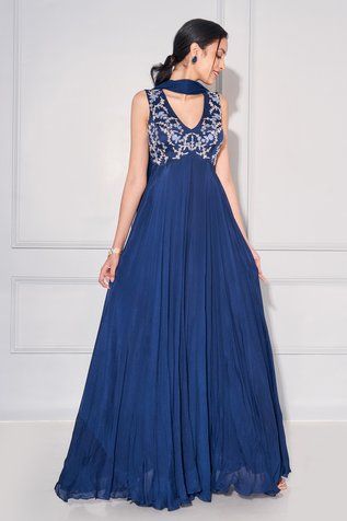 Shop for Kressa Blue Crepe Rose Sequin Embellished Yoke Anarkali With Dupatta for Women Online at Aza Fashions Crepe Anarkali Suits, Crepe Georgette Dress, Georgette Fabric Dress Design, Sleeveless Anarkali Suits, Sleeveless Anarkali Dress, Designer Gowns Indian, Blue Anarkali Suits, Sleeveless Anarkali, Flair Gown