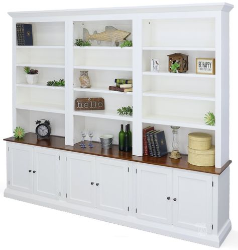 California Made Classic Cherry Wood 6 Piece Bookcase Console & Hutch Wall Unit in Deer Creek & White Finish. Priced in Cherry wood with Premium Finish and Painted Lacquer Two Tone. Each upper/lower set is 36"w x 93"h at the case. The upper is 12.75" deep at the case. The lower units are available 12.75" to 17.5" deep. The Stuart David Bookcase Wall Unit collection features endless options to design the perfect bookcase storage wall unit for your home or office. This wall unit features fixed shel Built In Book Shelves Office, White Library Shelves, Wall Bookshelves Living Room, Built In Storage Living Room, White Built In Bookshelves, Large Wall Bookshelf With Cabinet, White And Wood Bookcase, Wall Unit Shelving, White Bookcase Wood Shelves