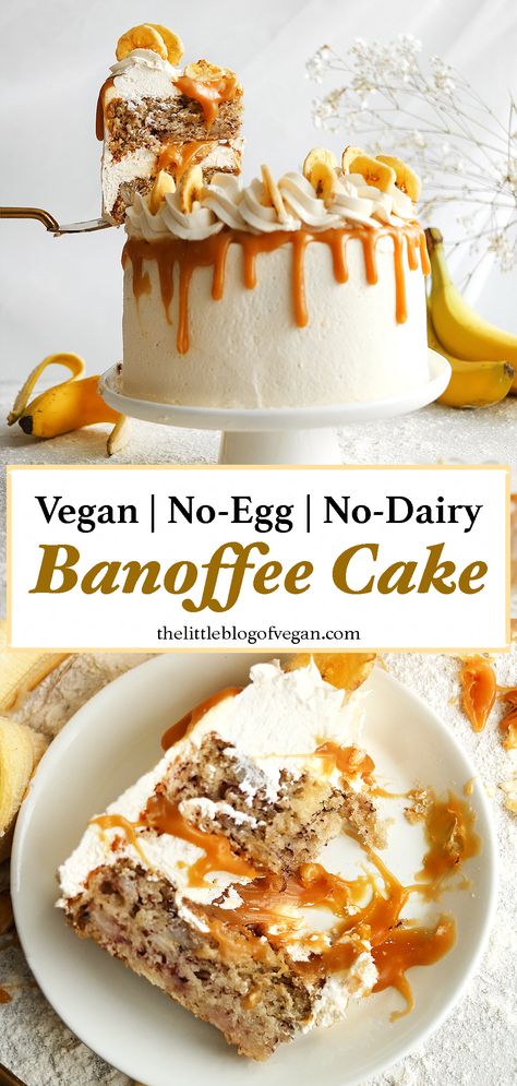 Tall Pinterest pin of a vegan banoffee cake. Paleo Cake Recipes Birthday, Moist Vegan Cake, Vegan Moist Cake, Vegan Poke Cake, Vegan Cakes Easy, Vegan Healthy Cake, Vegan Black Forest Cake, Vegan Recipes Baking, Vegan Cakes Recipe