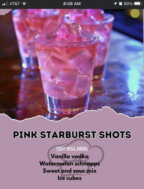 Starburst Shots, Bartender Drinks Recipes, Fun Drinks Alcohol, Bartender Drinks, Pretty Alcoholic Drinks, Alcholic Drinks, Pink Starburst, Cocktail Drinks Alcoholic, Mixed Drinks Alcohol