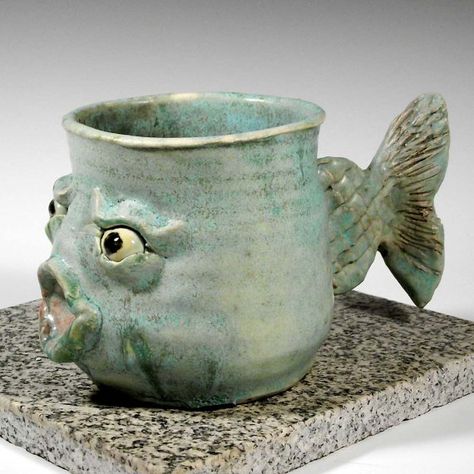 Fish Mug Coffee Cup Fisherman's Gift for Dad by MudPiePotteryShop Monster Mugs, Fish Mug, Clay Fish, Unique Fish, Fish Face, Face Jugs, Sculpture Art Clay, Weird Fish, Unique Mug