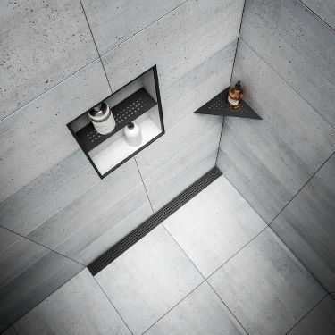 Schluter®-KERDI-LINE in Matte Black | Schluter Shower Drain Ideas, Schluter Shower, Bathtub Surround, Glass Shower Doors Frameless, Linear Drain, Shower Storage, Large Tile, Shower Niche, Black Shower