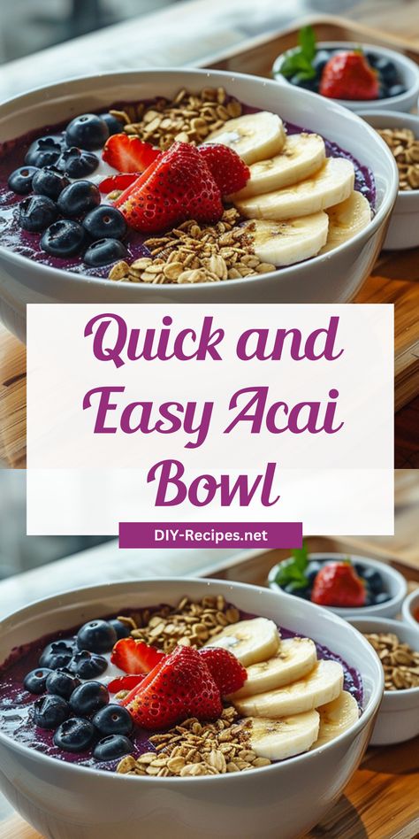 Whip up a quick and easy acai bowl with this simple recipe. Blend frozen fruit with acai puree and top with fresh fruit and granola. How To Make An Açaí Bowl, Acai Bowls How To Make, Açai Bowl Recipe Easy, Frozen Acai Bowl Recipe, Acai Base Recipe, Acia Bowls Diy, Acie Bowl Recipe, How To Make Acai Bowl At Home, How To Make An Acai Bowl At Home