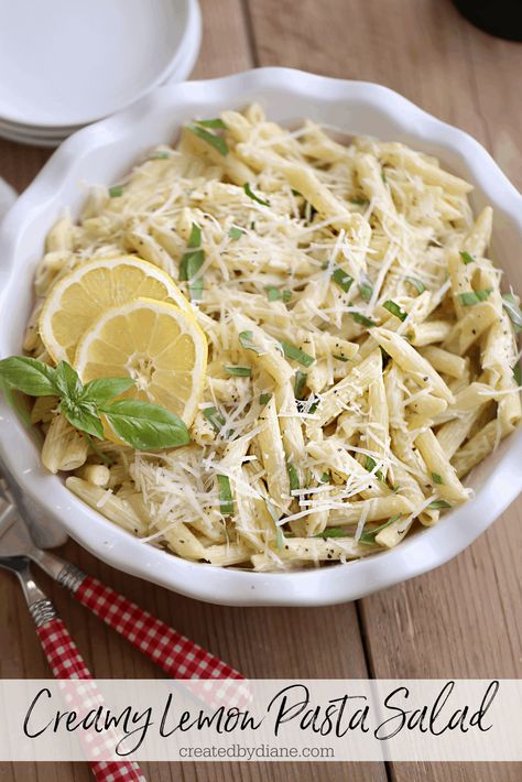 creamy lemon pasta salad recipe from createdbydiane.com Lemon Pasta Salad, Garlic Pasta Salad, Lemon Pasta Salads, Creamy Pasta Salad Recipe, Creamy Lemon Pasta, Lemon Chicken Pasta, Lemon Garlic Pasta, Creamy Pasta Salads, Cold Pasta Salad Recipes