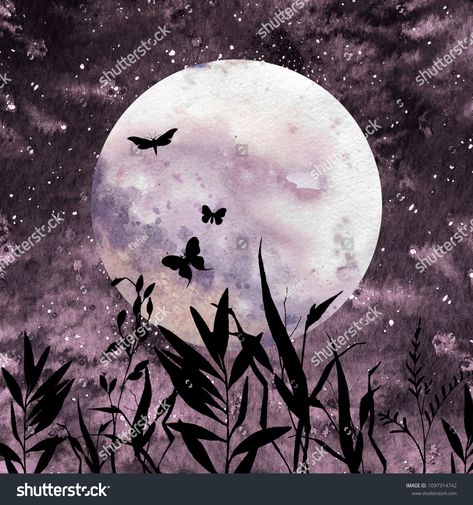 Watercolor full moon art. Hand drawn moon and starry sky. Night illustration with plants and butterflies silhouettes.art#Hand#drawn#Watercolor Full Moon Art, Night Illustration, Watercolor Art Paintings, Cat Ideas, Colossal Art, Moon Wall Art, Moon Painting, Tapestry Art, Small Canvas Art