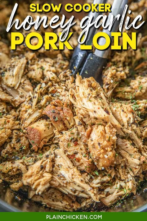 Pork Loin Crockpot Recipes Crock Pots, Pork Loin Crock Pot Recipes Easy, Honey Garlic Pork Loin, Garlic Pork Loin, Pork Loin Crock Pot Recipes, Pork Cooking Temperature, Pork Loin Ribs, Crockpot Pork Loin, Slow Cooker Pork Loin