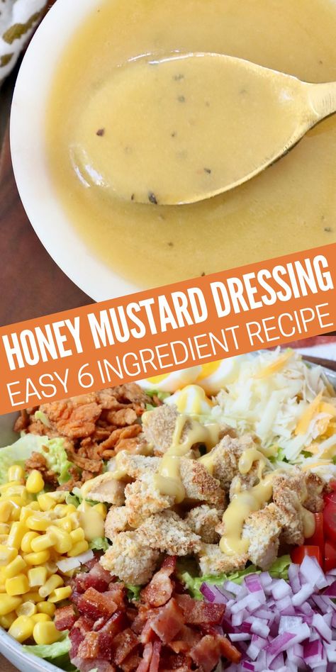 Create a delicious, creamy Honey Mustard Dressing that's perfect for salads, or used as a dipping sauce. This easy 6 ingredient recipe can be mixed up in just 5 minutes for a tasty homemade salad dressing that's healthy, gluten free, and so much better than store-bought! Healthy Honey Mustard Dressing, Creamy Honey Mustard Dressing, Honey Mustard Dressing Recipe, Honey Mustard Chicken Salad, Mustard Dressing Recipe, Gluten Free Salad Dressing, Creamy Honey Mustard, Honey Mustard Salad Dressing, Mustard Salad Dressing