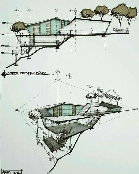 Зверху-розріз забудови по рельєфу.Внизу -перспективний розріз забудови. Sketchbook Architecture, Portfolio D'architecture, Model Architecture, Architecture Sketches, Architectural Presentation, Architecture Drawing Plan, Plans Architecture, Architecture Sketchbook, Architecture Design Sketch