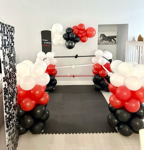 Birthday celebration - Balloon decor - Boxing theme Boxing Bday Theme, Boxer Theme First Birthday, Boxing Balloon Ideas, Boxer Birthday Party, Boxing Theme Party Ideas Decorations, Boxing Theme Centerpiece Ideas, Boxing Themed Birthday Party, Rocky Theme Birthday Party, Ufc Themed Birthday Party