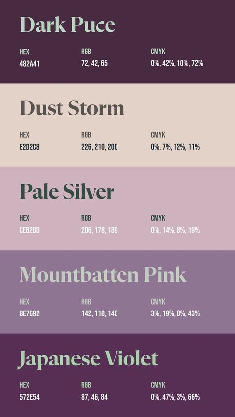 Colors: 482A41 ° E2D2C8 ° CEB2BD ° 8E7692 ° 572E54 Dark Whimsical Color Palette, Lavender And Cream Color Palette, Clothing Color Pallets, Discord Hex Codes, Color Pallet Hex Code, Colour Palette Names, Witchy Color Palette Hex Codes, Pallet Color Ideas, Color Hex Palette