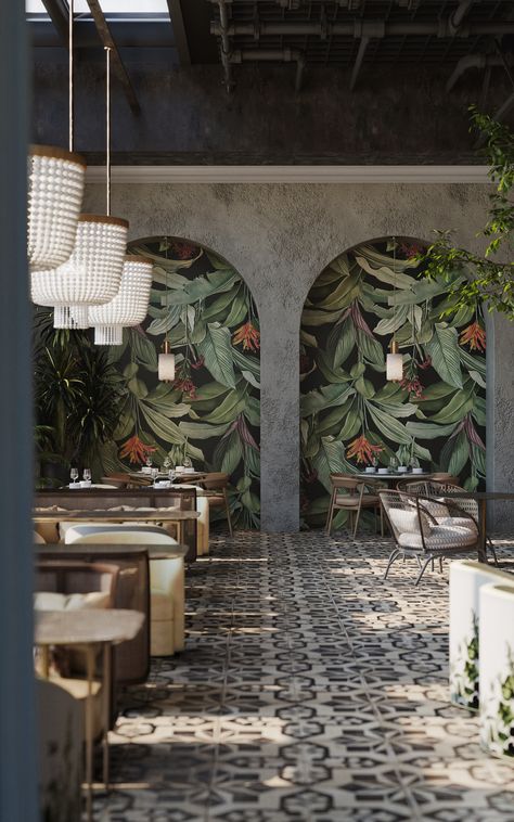 Modern Tropical Interior Design, Modern Tropical Interior, Boho Restaurant, Restaurant Exterior Design, Mural Cafe, Luxury Apartments Interior, Bistro Design, Glass Shelves Decor, Restaurant Design Inspiration