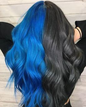 Half Black And Blue Hair, Half Black Half Blue Hair Split, Half And Half Hair Color Blue, Black And Blue Split Dye Hair, Two Colour Hair Color Combos, Half Black Half Blue Hair, Dyed Hair Inspiration For Brunettes, Half Blue Half Black Hair, Two Tone Split Hair Color Ideas