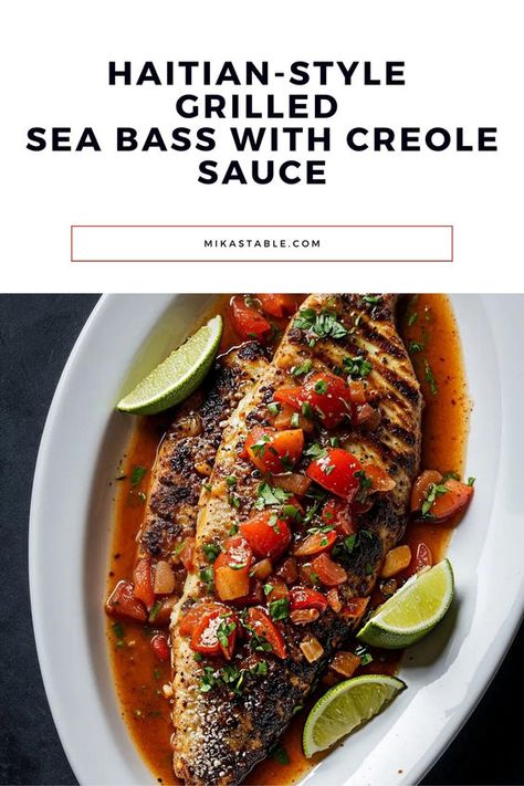 Dive into Caribbean flavors with this mouthwatering Haitian-Style Grilled Sea Bass! The perfectly charred fish is smothered in a vibrant Creole sauce, bursting with diced tomatoes, onions, and fresh herbs. Served with zesty lime wedges, this dish brings the taste of Haiti to your table. Easy to make yet impressive enough for special occasions, it's a delicious way to explore Caribbean cuisine. Get ready for a flavor explosion! Haitian Fish Recipe, Mermaid Recipes, Grilled Sea Bass, Soup Joumou, Sea Bass Recipe, Bass Recipe, Haitian Recipes, Creole Sauce, Haitian Food Recipes