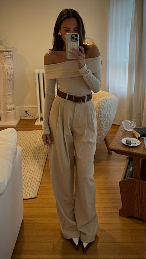 Emma Leger on Instagram fall fashion aesthetic fall outfit off shoulder top fall knit sweater ivory trouser pants pointed toe pumps Nude Trousers Outfit, Fall Dinner Date Outfit, Beige Clothes, Shoulder Tops Outfit, Off The Shoulder Top Outfit, Working Outfit, Throwing Fits, Dinner Date Outfits, Work Fits