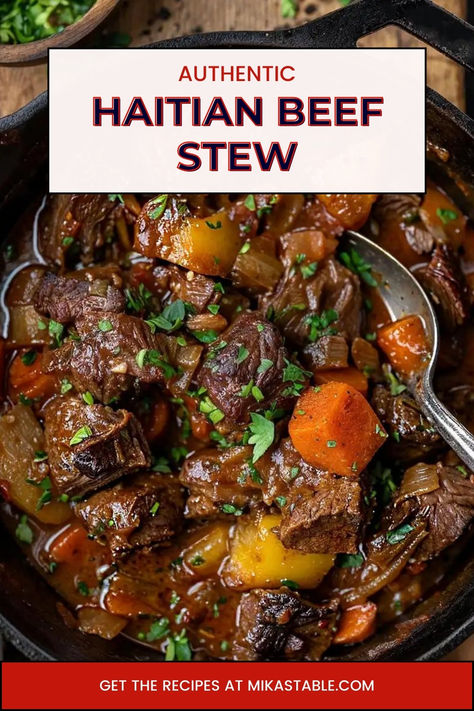 image for an Authentic Haitian Beef Stew recipe with a close-up view of the stew in a slow cooker, garnished with parsley, alongside a call to action to find the recipe at mikastable.com. South African Beef Stew Recipes, Goat Stew Slow Cooker, Slow Cooker Beef Stew Meat Recipes, Tasting Table Recipes, Caribbean Recipes Authentic, Stewed Beef Recipes, African Beef Stew, Caribbean Beef Stew, Stew Beef Recipes