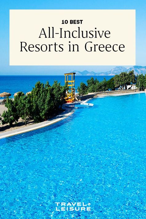 Don't worry about a thing on your vacation with these all-inclusive resorts in Greece. See the sunset at a resort in Kos, or visit the beach in Crete. #worldtravel #internationaltravel #travelandleisure Budget All Inclusive Resorts, Greece All Inclusive Resorts, Greece Honeymoon Resorts, All Inclusive Resorts Europe, Best All Inclusive Resorts For Families, Greek Honeymoon, Resorts In Greece, Greece Resorts, All Inclusive Beach Resorts