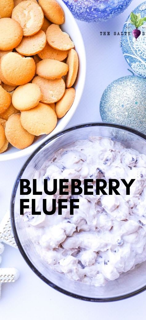 Blueberry Lemon Fluff Salad, a creamy dessert “dump” salad that takes the traditional fun of cool whip and fluffy marshmallows and combines fun fruit flavors for a side salad that everyone loves!   #blueberry #fluffsalad #salad #dessertsalad #holidaysalad #blueberries #whippedcream Fluff Deserts Cool Whip, Blueberry Fluff Dessert, Patriotic Fluff Salad, Blueberry Fluff Salad Recipes, Blueberry Cool Whip Dessert, Marshmallow Fluff Salad Recipes, Fluff Desserts Cool Whip, Blueberry Fluff Dessert Cool Whip, Lemon Blueberry Fluff Salad