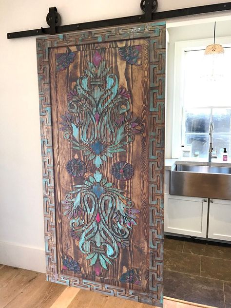 Floral Entrance, Wooden Sliding Door, Living Room Doors, Modern Village, Bohemian Tiles, Barn Door Designs, Moroccan Interiors, Wooden Door Design, Faux Painting